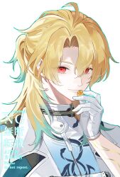  1boy amorphe113 blonde_hair candy closed_mouth coat commentary food gloves hair_between_eyes hand_up highres holding holding_candy holding_food long_hair looking_at_viewer luuk_herssen_(wuthering_waves) male_focus portrait red_eyes shirt smile solo watermark white_background white_coat white_gloves white_shirt wuthering_waves 