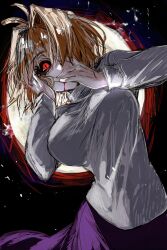  1girl absurdres ai-assisted ai-generated antenna_hair arcueid_brunestud black_sclera blonde_hair blood blood_from_mouth breasts colored_sclera commentary covering_own_mouth facing_viewer full_moon ga-006 hair_intakes hair_over_one_eye hands_on_own_face head_tilt highres huge_breasts leaning_to_the_side long_skirt looking_at_viewer melty_blood messy_hair moon night pale_skin purple_skirt red_arcueid red_eyes short_hair skirt sweater tsukihime turtleneck turtleneck_sweater untranslatable_commentary vampire 