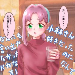  1girl akechi_anna's_mother blue_hairband braid braided_ponytail commentary cup drinking_glass earrings flying_sweatdrops frown hair_intakes hairband highres holding holding_cup jewelry kamihoshi long_hair long_sleeves looking_at_viewer mature_female meitantei_precure! open_mouth parted_bangs precure red_shirt ring shirt single_braid single_earring single_sidelock solo sparkle translated turtleneck turtleneck_shirt wedding_ring 