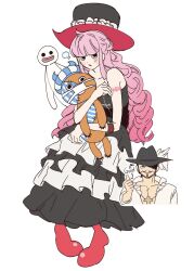  1boy 1girl bare_shoulders bat_tattoo black_dress black_hat blush boots collarbone commentary_request cross cross_necklace dracule_mihawk dress full_body ghost hat highres jewelry korean_commentary kumacy long_hair looking_at_viewer necklace one_piece onzr560 perona pink_boots pink_hair shirt shoulder_tattoo tattoo thumbs_up upper_body white_background white_shirt 