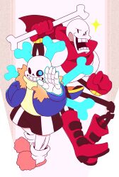  2016 2boys 2d aqua_eyes armor black_shorts blue_jacket blue_shorts bone boots brothers cape clenched_hands commentary digital_media duo english_commentary foreshortening fruitloop-chan full_body fur-trimmed_jacket fur_trim gloves glowing glowing_eye hand_in_pocket highres holding holding_bone hollow_eyes humanoid jacket long_sleeves male male_focus male_only monster monster_boy multiple_boys open_clothes open_jacket orange_fur papyrus_(undertale) pink_slippers red_boots red_cape red_gloves sans_(undertale) shorts siblings simple_background single_vertical_stripe skeleton slippers socks standing striped_clothes striped_shorts sweater teeth undead undertale utdr_(toby_fox) vertical-striped_clothes vertical-striped_shorts white_armor white_background white_socks white_stripes yellow_sweater 