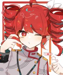  +_+ 1girl ;3 absurdres ahoge blush bow buttons commentary_request double-breasted drill_hair finger_heart grey_jacket heart highres jacket kasane_teto kasane_teto_(sv) long_sleeves looking_at_viewer musical_staff nail_polish one_eye_closed pon_(4bgp4r1ajk45185) portrait red_eyes red_nails red_trim shoulder_belt shoulder_boards sidelocks simple_background solo sparkle sparkling_eyes spoken_heart star_(symbol) synthesizer_v twin_drills utau 