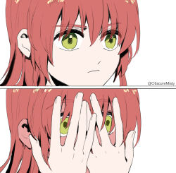  1girl blush bocchi_the_rock! closed_mouth commentary_request covering_own_mouth ear_blush full-face_blush green_eyes highres kita_ikuyo long_hair obscuremisty peeking_through_fingers red_hair twitter_username 