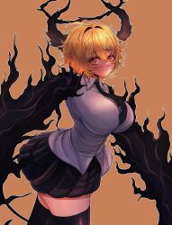  1girl black_claws black_halo black_hands black_necktie black_skirt black_thighhighs blonde_hair blush breasts cape collar colored_extremities demon_girl demon_tail don_quixote_(project_moon) e.g.o_(project_moon) gloves gugugu44630967 halo highres horns index_(identity)_(project_moon) jacket large_breasts limbus_company long_sleeves looking_at_viewer necktie procuration_(e.g.o) project_moon shirt short_hair skirt solo tail thigh-highs white_cape white_shirt yellow_eyes 