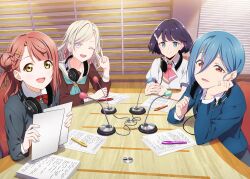  2c=galore 4girls aiscream_(love_live!) aqua_neckerchief azabu_mai black_jacket blue_jacket brown_dress ceras_yanagida_lilienfeld collared_shirt dress grey_dress hasu_no_sora_school_uniform headphones headphones_around_neck highres holding holding_paper ikizulive!_love_live!_bluebird indoors jacket link!_like!_love_live! long_sleeves love_high_school_uniform love_live! love_live!_nijigasaki_high_school_idol_club love_live!_superstar!! microphone multiple_girls neck_ribbon neckerchief nijigasaki_school_uniform official_art open_clothes open_jacket own_hands_together paper pen pinafore_dress pink_neckerchief puffy_short_sleeves puffy_sleeves red_ribbon ribbon sailor_collar sailor_dress school_uniform shirt short_sleeves sleeveless sleeveless_dress uehara_ayumu virtual_youtuber wakana_shiki white_sailor_collar white_shirt winter_uniform yuigaoka_school_uniform 