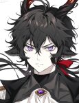  1boy animal_ears arknights bishounen black_coat black_hair coat ebenholz_(arknights) goat_boy goat_ears goat_horns highres horns looking_at_viewer male_focus portrait red_ribbon ribbon rio_(rio773) serious simple_background solo upper_body violet_eyes white_background 