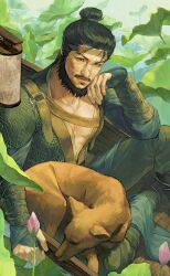  1boy absurdres beard belt black_hair blue_headband blue_robe boat boots brown_belt brown_boots brown_eyes brown_pants chinese_clothes chinstrap_beard closed_mouth commentary_request dog facial_hair flower gauntlets hair_bun hand_on_own_cheek hand_on_own_face hand_wraps headband highres hua_bucheng lantern lips lotus lotus_leaf male_focus mature_male mustache on_boat outdoors pants pectoral_cleavage pectorals realistic river robe scar scar_on_face scar_on_nose short_hair sitting solo soul_patch toned toned_male watercraft where_winds_meet yi_dao_(where_winds_meet) 