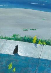  animal animal_focus beach black_cat cat commentary_request day flower goma_ramen_(gomaramen888) highres no_humans ocean original outdoors sand scenery yellow_flower 