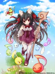  1girl animal_ears black_hair blue_sky boots bow bowtie cat_ears cat_tail company_name copyright_notice dress emil_chronicle_online frilled_dress frills frog hair_ribbon holding holding_staff long_hair musical_note official_art purple_boots purple_dress red_bow red_bowtie red_eyes red_ribbon ribbon sky slime_(creature) staff syugoma_kanade tail thigh-highs two_side_up white_thighhighs 