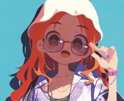  1girl blue_background comiket_106 commentary_request hat jewelry long_hair looking_at_viewer necklace open_clothes open_mouth open_shirt orange_hair original smile solo sunglasses takarai_shunsuke upper_body 