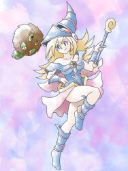  1girl armor armored_leotard black_eyes blonde_hair blue_armor blue_background blue_boots blue_eyes blue_helmet blue_leotard blue_wrist_cuffs boots brooch brown_fur cape claws collarbone colored_sclera commentary dark_magician_girl double-parted_bangs duel_monster english_commentary floating_hair front_slit greatmothsucks hair_between_eyes helmet highres holding holding_staff jewelry knee_boots kuriboh leg_up leotard long_hair looking_at_another mage_staff pentagram pink_background pink_cape pink_skirt pink_trim skirt staff sugimori_ken_(style) wrist_cuffs yellow_sclera yu-gi-oh! 