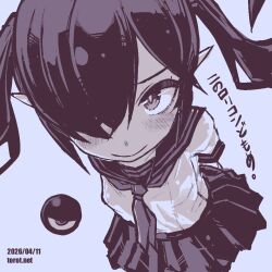  1girl arms_behind_back backbeako_(torotei) backbeard blue_background blush breasts closed_mouth commentary dated dated_commentary gegege_no_kitarou hair_over_one_eye kono_lolicon_domome leaning_forward long_hair looking_at_viewer monochrome neckerchief one_eye_closed original paid_reward_available pleated_skirt pointy_ears sailor_collar school_uniform serafuku shirt short_sleeves simple_background skirt small_breasts smile solo torotei translated twintails web_address 