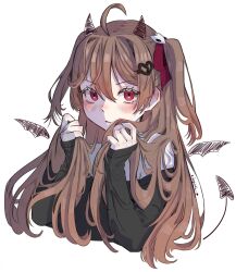  1girl ahoge black_cardigan black_horns black_tank_top black_wings broken_heart broken_heart_hair_ornament brown_hair cardigan closed_mouth commentary cropped_torso detached_wings drawn_horns drawn_tail drawn_wings english_commentary evil_neuro-sama fishure from_side hair_between_eyes hair_ornament hair_ribbon heart highres holding_own_hair horns long_hair long_sleeves looking_at_viewer off-shoulder_cardigan red_eyes red_ribbon ribbon shirt simple_background skull_hair_ornament solo tank_top two_side_up vedal_ai virtual_youtuber white_background white_shirt wings 