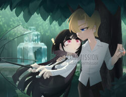  ! 1boy 1girl black_hair black_necktie black_pants black_skirt blue_eyes cigarette commentary_request commission degrees_of_lewdity earclip fountain hair_over_one_eye hand_on_another's_shoulder highres holding holding_umbrella jasoo necktie pants pink_eyes player_character_(degrees_of_lewdity) player_character_(female)_(degrees_of_lewdity) shirt skirt tree umbrella watermark white_shirt whitney_(degrees_of_lewdity) whitney_(male)_(degrees_of_lewdity) 