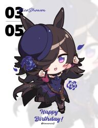  1girl animal_ears bare_shoulders black_thighhighs blue_dress blue_flower blue_hat blue_rose blush brown_hair character_name chibi commentary_request dagger dress flipped_hair flower fur_choker hair_over_one_eye happy_birthday hat hat_flower highres horse_ears horse_girl horse_tail kanntsukirin knife long_hair long_sleeves looking_at_viewer off-shoulder_dress off_shoulder open_mouth rice_shower_(rosy_dreams)_(umamusume) rice_shower_(umamusume) rose sheath sheathed smile standing standing_on_one_leg tail thigh-highs tilted_headwear umamusume violet_eyes weapon zoom_layer 