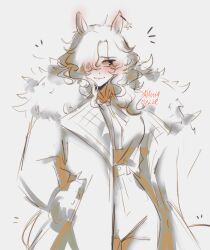  1girl absurdres animal_ears blush calamity_brezze closed_mouth coat commentary english_commentary fur-trimmed_coat fur_trim hair_over_one_eye hand_in_pocket highres horse_ears horse_girl horse_tail kemonomimi_mode long_hair monochrome one_eye_covered pants reverse:1999 shirt solo spot_color tail umamusume windsong_(reverse:1999) 