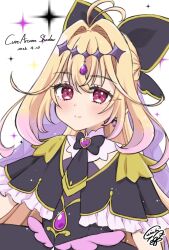 1girl antenna_hair artist_name black_bow black_bowtie black_capelet black_dress blonde_hair bow bowtie braid brooch capelet character_name closed_mouth commentary_request crown_braid cure_arcana_shadow dated diamond_hairband dress frilled_capelet frills gradient_hair hair_bow hair_intakes heart heart_brooch highres jewelry long_hair looking_at_viewer magical_girl meitantei_precure! moria_luluka multicolored_hair partial_commentary precure purple_veil signature simple_background smile solo sparkle standing upper_body uzukibox47 veil violet_eyes white_background 