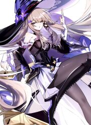  1girl bare_shoulders black_boots black_hat boots breasts detached_sleeves fukafuka_ekaki grey_hair hat herta_(honkai:_star_rail) highres honkai:_star_rail honkai_(series) long_hair looking_at_viewer medium_breasts pantyhose signature skirt solo the_herta_(honkai:_star_rail) witch_hat 