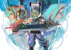  1girl 2boys absurdres aerith_gainsborough armor blonde_hair blue_eyes braid braided_ponytail brown_hair buster_sword cloud_strife final_fantasy final_fantasy_vii gloves green_eyes grey_hair hair_ribbon highres long_bangs long_hair materia multiple_boys parted_bangs pauldrons ribbon sephiroth shinra_infantry_uniform shirt short_hair shoulder_armor sidelocks single_pauldron single_shoulder_pad sleeveless sleeveless_turtleneck smile spiky_hair suspenders trope_art turtleneck 