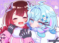  2girls ahoge blue_eyes blue_hair brown_hair closed_eyes closed_mouth commentary_request hair_flaps hair_ornament hairpin highres hololive hololive_dev_is hood hoodie hug long_hair looking_at_viewer maruyama_en mizumiya_su mizumiya_su_(1st_costume) multicolored_hair multiple_girls official_alternate_costume open_mouth pink_background pink_hoodie pink_streaks roboco-san roboco-san_(open_pink_hoodie) streaked_hair virtual_youtuber white_hoodie 
