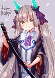  >:) 1girl artist_name black_robe blunt_bangs blunt_ends blush brown_hair closed_mouth collared_shirt commentary_request cowboy_shot doyagao eyes_visible_through_hair fake_horns grey_background hair_between_eyes hair_ribbon heaven_burns_red highres holding holding_sword holding_weapon horns katana long_hair long_sleeves looking_at_viewer neck_ribbon ogasahara_hisame open_clothes open_robe outline puddinghomhom purple_ribbon red_pupils red_ribbon ribbon robe shirt sidelocks simple_background skirt smile smug solo sword v-shaped_eyebrows very_long_hair weapon white_outline white_shirt white_skirt wide_sleeves yellow_pupils 