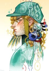  1boy aqua_helmet aqua_sweater blonde_hair blush cable chiqodubs diego_brando electricity_meter english_commentary feathers gradient_background helmet jojo_no_kimyou_na_bouken long_hair looking_at_viewer male_focus portrait profile slit_pupils solo sparkle steel_ball_run sweater turtleneck turtleneck_sweater yellow_eyes 