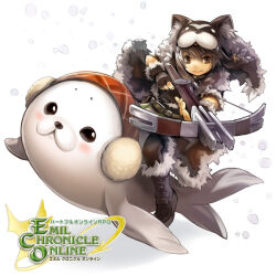  1boy animal_hood belt boots bow_(weapon) brown_boots brown_eyes brown_gloves brown_hair brown_pants brown_shirt copyright_logo crossbow emil_(eco) emil_chronicle_online fingerless_gloves fur-trimmed_boots fur-trimmed_shirt fur_trim gloves holding holding_bow_(weapon) holding_weapon hood logo official_alternate_costume official_art on_animal pants seal_(animal) shirt snow weapon 