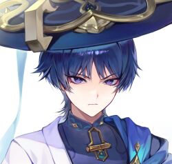 12uuu07 1boy bishounen black_bodysuit black_hair blue_cape blue_hat blue_pupils blunt_ends bodysuit cape closed_mouth eyelashes eyeliner genshin_impact gold hat highres japanese_clothes jingasa kimono looking_at_viewer makeup male_focus mandarin_collar multicolored_hair portrait purple_hair red_eyeliner scaramouche_(genshin_impact) side_cape solo streaked_hair tsurime wanderer_(genshin_impact) white_background white_kimono wispy_bangs 