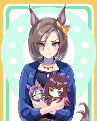  air_groove_(casual)_(umamusume) air_groove_(umamusume) animal_ears belt blue_eyes blue_jacket blue_shirt blush bow breasts brown_belt brown_hair casual character_doll chiffon closed_mouth collarbone commentary_request doll duramente_(red_in_black)_(umamusume) duramente_(umamusume) ear_bow hair_between_eyes holding holding_doll horse_ears horse_girl horse_tail jacket jewelry necklace shirt short_hair sweatdrop tail umamusume upper_body yellow_bow 