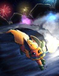  :3 black_eyes black_sclera clothed_pokemon color_contrast colored_sclera dot_nose english_commentary fangs fireworks flareon fluffy from_above glowing green_scarf happy highres motion_blur motion_lines neck_fur new_year night no_humans orange_fur otakuap pokemon pokemon_(creature) pokemon_focus running scarf sidelighting smoke smoke_trail snow solo sparkler striped_clothes striped_scarf two-tone_fur yellow_fur 