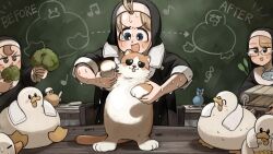  3girls :d baby_animal bespectacled bird blonde_hair blue_eyes broccoli brown_eyes brown_hair cat cat_teaser chalk chalkboard chicken clumsy_nun_(diva) commentary corn diva_(hyxpk) duck duckling eating english_commentary fish froggy_nun_(diva) glasses highres little_nuns_(diva) mouse_(animal) multiple_girls musical_note nun smile spicy_nun_(diva) sweat towel towel_around_neck traditional_nun treadmill treble_clef yellow_eyes 