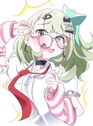  1girl absurdres arm_warmers blush commentary_request earrings glasses green_eyes green_hair hair_ornament highres hutsugyou jewelry looking_at_viewer multiple_hair_clips musical_note_earrings necktie open_mouth red_necktie shirt simple_background solo striped_arm_warmers sunna_(zenless_zone_zero) white_background white_shirt zenless_zone_zero 