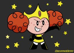  1girl afro_puffs artist_name black_boots black_eyes black_gloves boots child commentary crown dress elbow_gloves english_commentary freckles full_body gem gloves gold_crown gold_dress grey_background halcyononyx hand_on_own_hip knee_boots looking_at_viewer orange_hair outstretched_arm pantyhose powerpuff_girls princess_morbucks purple_gem short_dress sleeveless smile solo standing star_(symbol) teeth toon_(style) twintails v-shaped_eyebrows white_pantyhose 