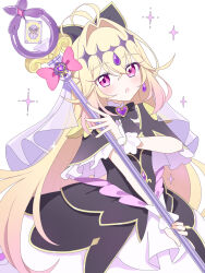  1girl :o absurdres antenna_hair black_bow black_bowtie black_capelet black_dress blonde_hair bow bowtie braid brooch capelet chinese_commentary commentary cowboy_shot crown_braid cure_arcana_shadow diamond_hairband dress earrings frilled_capelet frilled_cuffs frilled_dress frills gradient_hair hair_bow hair_intakes heart heart_brooch highres holding holding_staff jewelry layered_dress long_hair looking_at_viewer magical_girl medium_dress meitantei_precure! moria_luluka mou_banlangen multicolored_hair open_mouth pink_eyes precure purple_veil solo sparkle staff standing tear_arcana_rod veil very_long_hair white_background 