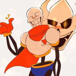  1:1 1boy 2023 2d arm_at_side armor backlighting ben-day_dots blue_shorts cape closed_mouth digital_media gasterblaster gloves hand_up highres humanoid looking_at_viewer male male_focus male_only monster monster_boy onerudegentlman papyrus_(undertale) red_cape red_gloves screentones serious shorts simple_background skeleton skull snapping_fingers solo teeth undead undertale utdr_(toby_fox) white_armor white_background |_| 