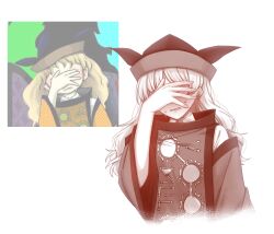  1girl constellation_print covering_face crying detached_sleeves facing_viewer hat highres long_hair long_sleeves matara_okina mochigumo monochrome official_art_inset solo sun_print tabard touhou wide_sleeves 