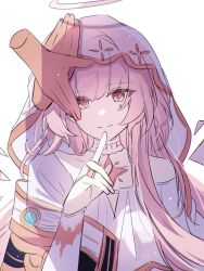  1girl ambience_synesthesia arknights bare_shoulders bridal_gauntlets closed_mouth commentary_request detached_wings disembodied_hand dress facial_mark finger_to_mouth halo hand_up highres lemuen_(arknights) lemuen_(requiem_vesperis)_(arknights) long_hair looking_at_viewer mai_(ayamai2017) mark_under_eye official_alternate_costume pink_eyes pink_hair see-through_clothes see-through_veil shushing simple_background smile solo star_pendant teardrop_facial_mark upper_body veil white_background white_dress white_halo white_veil wings 