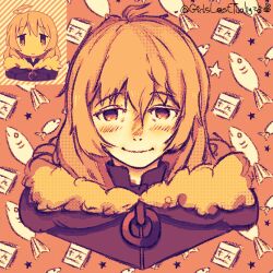  1girl artist_name blonde_hair blush closed_mouth commentary cropped_shoulders english_commentary fish_background fur_trim girlslasttuah hair_between_eyes highres long_hair looking_at_viewer monochrome orange_theme patterned_background reference_inset shoujo_shuumatsu_ryokou smile solo twitter_username yuuri_(shoujo_shuumatsu_ryokou) 