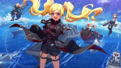  4girls aircraft_carrier black_coat black_gloves black_shirt blonde_hair card_commentary coat commentary_request crossed_arms day emily_stewart floating_clothes floating_hair game_cg gloves hakozaki_serika idol_heroes_(idolmaster) idolmaster idolmaster_million_live! idolmaster_million_live!_theater_days lapels long_hair long_sleeves midair military_vehicle multiple_girls nagayoshi_subaru nikaido_chizuru official_alternate_costume official_art open_mouth outdoors ship shirt thigh_strap third-party_source twintails violet_eyes warship watercraft 