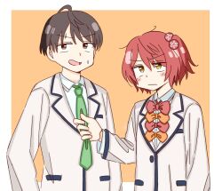  1boy 1girl antenna_hair black_hair blazer blush bow bowtie brown_eyes closed_mouth collared_shirt green_necktie hair_ornament highres jacket komari_chika make_heroine_ga_oo_sugiru! necktie nukumizu_kazuhiko open_mouth orange_background pulling_another's_clothes red_bow red_bowtie red_hair sato20260216 school_uniform shirt short_hair tsuwabuki_high_school_uniform white_background white_shirt yellow_bow yellow_bowtie yellow_eyes 