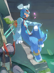  2boys absurdres blonde_hair blue_helmet blue_robe closed_eyes cyber_elf_x_(mega_man) forehead_jewel full_body halo helmet highres long_hair male_focus mega_man_(series) mega_man_zero_(series) multiple_boys omochi_(mochi_skymega) red_helmet restrained robe sitting solo_focus x_(mega_man) zero(z)_(mega_man) zero_(mega_man) 