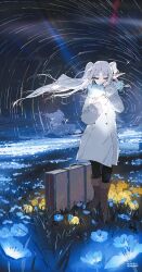  1girl absurdres black_pants blue_flower blue_scarf boots brown_boots closed_mouth coat commentary_request earrings elf field flower flower_field frieren green_eyes highres jewelry pants pointy_ears scarf sena_8ito sousou_no_frieren teardrop_earrings twintails white_coat yellow_flower 