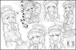  >_< 1girl aoba_(blue_archive) bag blue_archive bug commentary_request gloves greyscale halo hat highres holding holding_bag holding_wrench jacket long_hair low_twintails miniskirt monochrome multiple_views newsboy_cap skirt solo spider sweatdrop tears translation_request twintails upper_body white_background wrench yakushima 