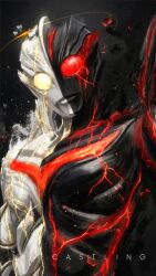  2boys alien armor artist_name black_armor black_background black_skin breastplate castlings color_timer colored_skin commentary commentary_typo compound_eyes crackling_energy dark_zagi doppelganger dorsal_fin energy english_commentary full_armor giant giant_male glowing glowing_eyes grey_skin halo head_tilt looking_at_viewer male_focus multicolored_skin multiple_boys no_pupils painterly pectorals red_eyes red_skin shoulder_armor silver_armor split_theme tokusatsu toned toned_male two-tone_skin ultra_series ultraman_nexus_(series) ultraman_noa upper_body white_eyes wings 