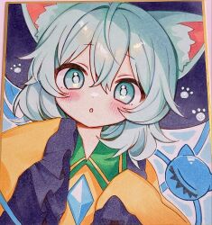  1girl animal_ear_fluff animal_ears black_hat blush cat_ears cat_girl collared_shirt commentary_request eyeball frilled_shirt_collar frilled_sleeves frills green_eyes green_hair hat highres kemonomimi_mode komeiji_koishi long_sleeves looking_at_viewer moni_monico open_mouth shikishi shirt sleeves_past_fingers sleeves_past_wrists solo third_eye touhou traditional_media wide_sleeves yellow_shirt 