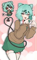  1girl absurdres bandaid_on_thigh breasts brown_sweater bulbasaur collared_shirt commentary double_finger_heart fang finger_heart green_hair green_skirt gyaru gyaru_bulbasaur heart highres long_sleeves nepnepping open_mouth personification plant pokemon red_eyes shirt skirt sweater untranslatable_commentary vine_whip vines 