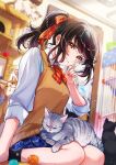  1girl :3 black_hair bow bowtie brown_eyes cat hair_ribbon highres original piroshiki123 red_bow red_bowtie ribbon school_uniform skirt sleeves_rolled_up 