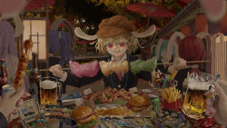  6+girls alcohol animal_ears banknote beer beer_mug black_jacket blonde_hair blue_hair brown_hat burger can chicken_(food) closed_mouth collared_shirt commentary_request cup drink_can eating faceless faceless_female food food_request french_fries fried_chicken hat highres holding holding_cup ice_cream indoors jacket key mg_mg money moon_rabbit_extra_(touhou) mug multiple_girls pocket_watch purple_hair rabbit_ears red_eyes reisen_udongein_inaba ringo_(touhou) seiran_(touhou) shirt short_hair skewer table touhou watch watch white_shirt yunickckck 