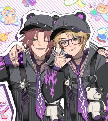  2boys animal_ear_headwear bbahot bear_hat blonde_hair choker closed_mouth commentary diagonal-striped_background ensemble_stars! glasses green_eyes grey_hat hat headphones headphones_around_neck highres index_finger_raised isara_mao korean_commentary long_sleeves looking_at_viewer male_focus multiple_boys necktie one_eye_closed purple-framed_eyewear purple_nails purple_necktie red_hair short_hair sleeves_past_wrists smile striped_background stuffed_animal stuffed_toy teddy_bear tongue tongue_out upper_body yuuki_makoto_(ensemble_stars!) 