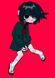  1girl black_eyes black_hair black_sailor_collar black_serafuku black_skirt eyepatch full_body highres looking_at_viewer medical_eyepatch neckerchief one_side_up open_mouth original own_hands_together pleated_skirt red_background red_neckerchief red_shoes ryuzi_27 sailor_collar school_uniform serafuku shoes short_hair simple_background skirt socks white_socks 